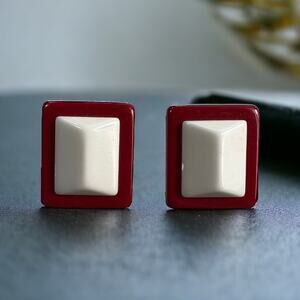 Vintage 1980s Raspberry & White Rectangle Clip-On Earrings Bold Retro Jewelry
